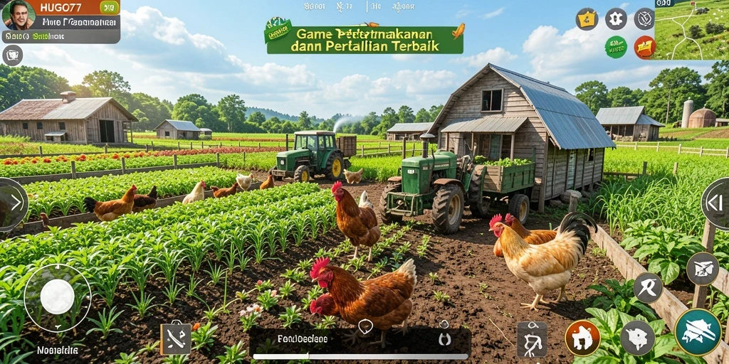 Screenshot gameplay HUGO77 yang menggambarkan aktivitas bertani.
