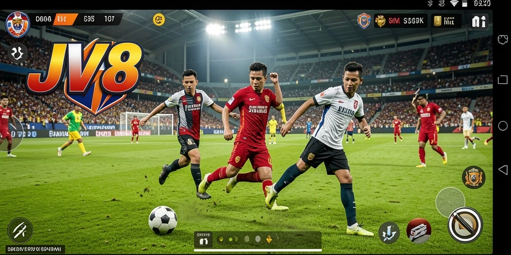 Screenshot gameplay JV88 menampilkan aksi sepak bola yang seru dan mendebarkan.