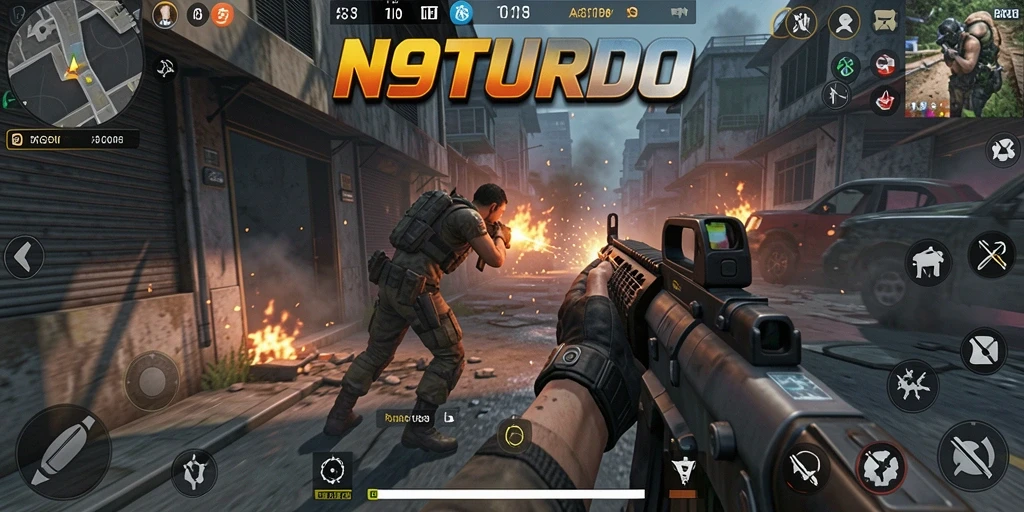 Screenshot N9TURBO menampilkan aksi tembak-menembak yang intens di arena pertempuran.